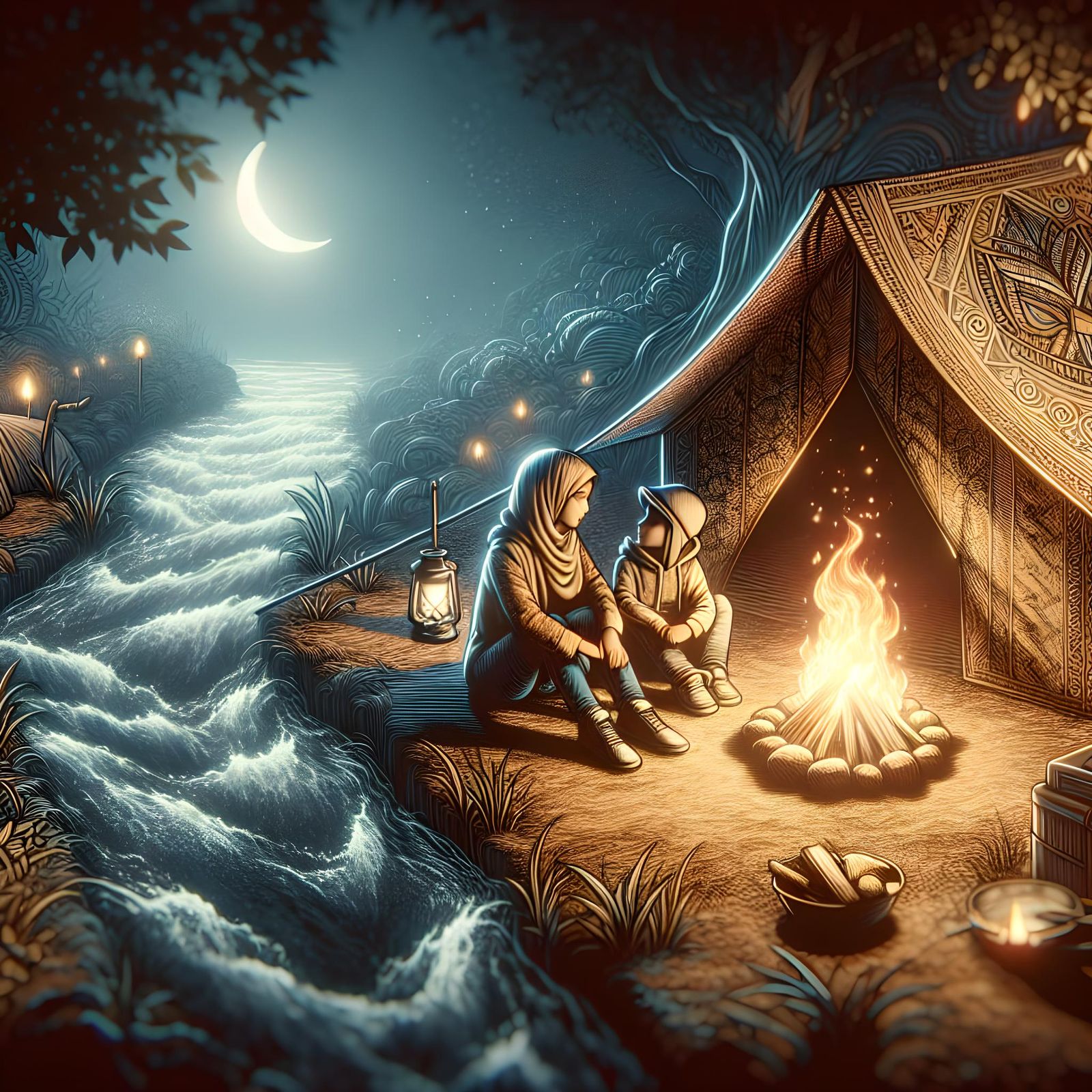 Miniature Campers Enjoy Cozy Riverside Scene