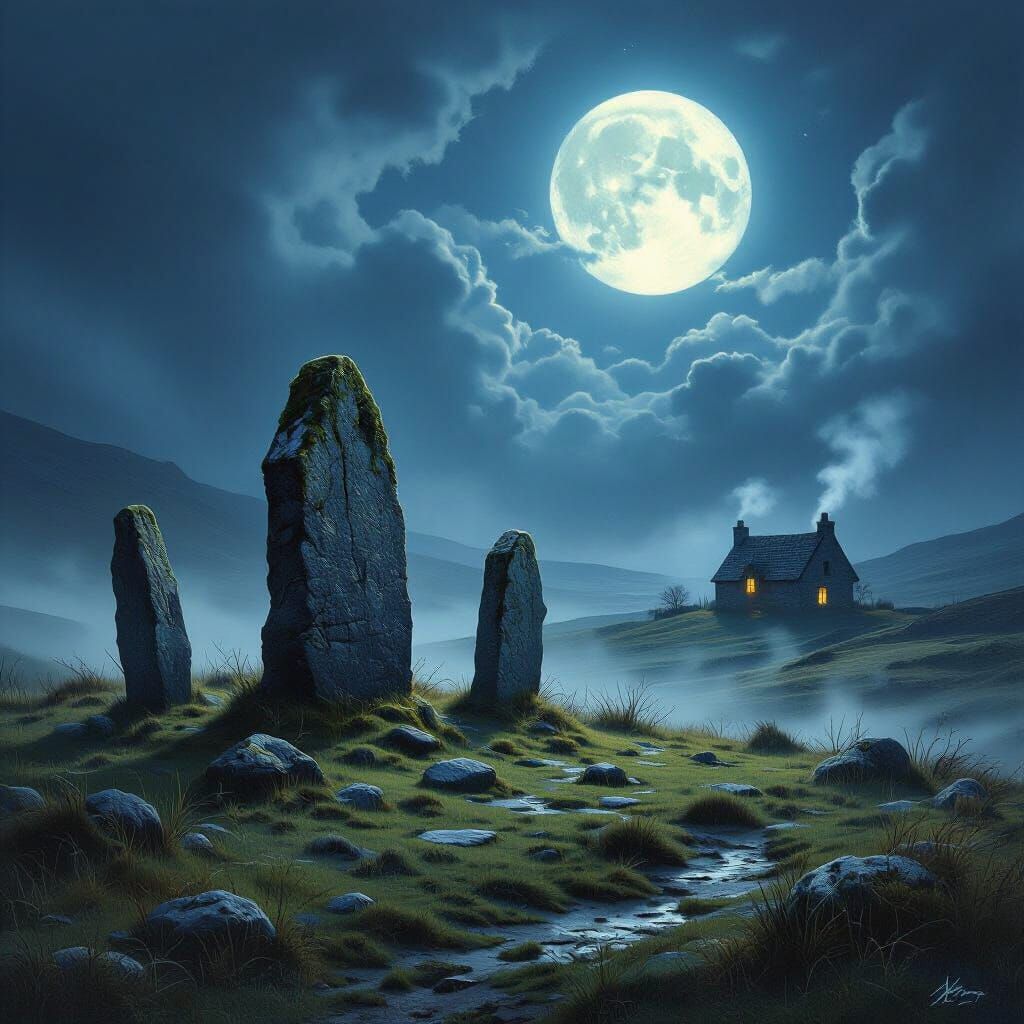 Mystical Scottish Stone Circle Under Moonlight