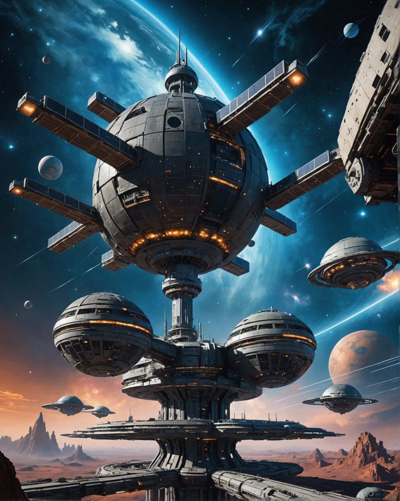 Biopunk Space Station with Nebula and Blue Star