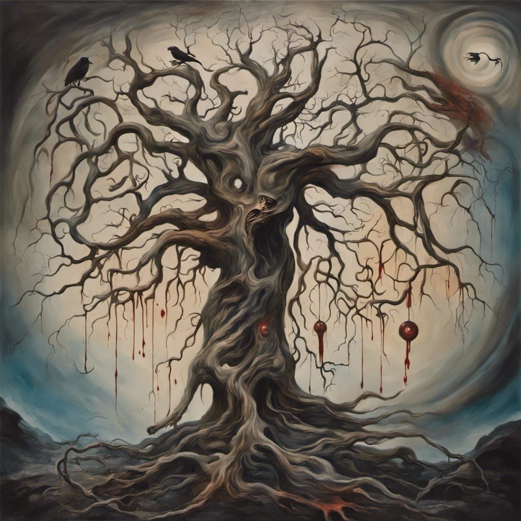 Nightmarish Yggdrasil Tree in Surrealist Style
