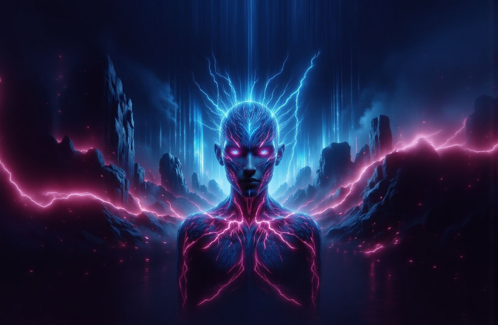 Futuristic Māori Tohunga in Neon Energy Storm