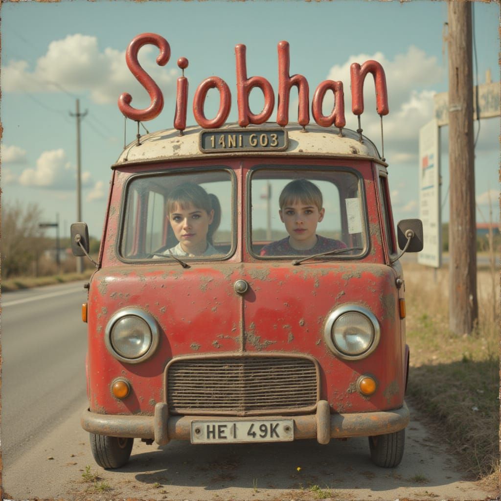 Surreal Portrait of Girl Driving Toy Bus with Giant Letters