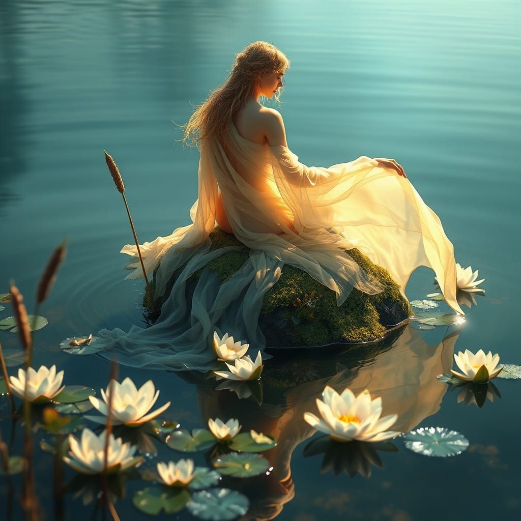 Serenely Enchanted Water Nymph in a Dreamlike Landscape
