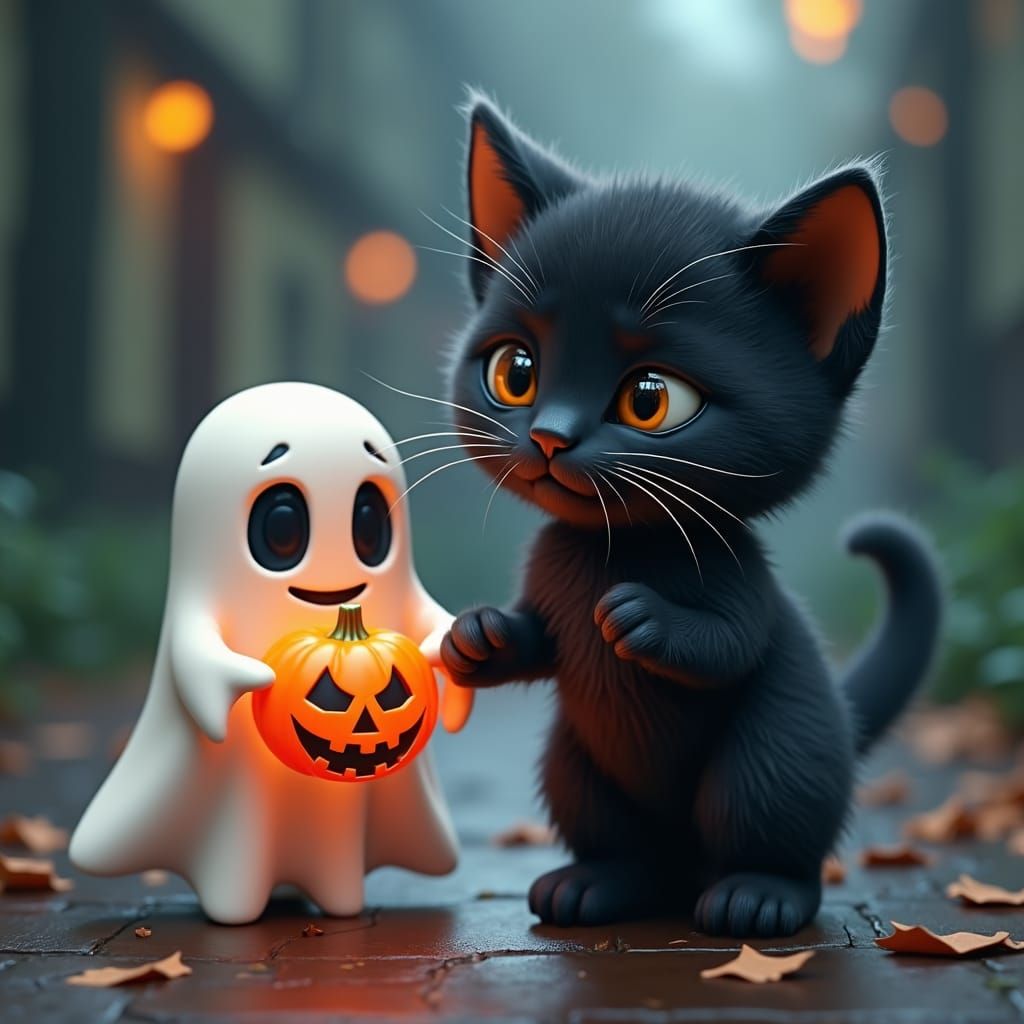 Black Kitten and Ghost Trick or Treating: Matte Painting