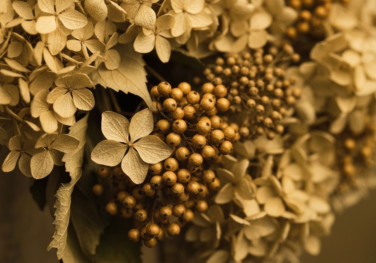 Close-Up Texture of Dried Flowers and Leaves in Golden Tones