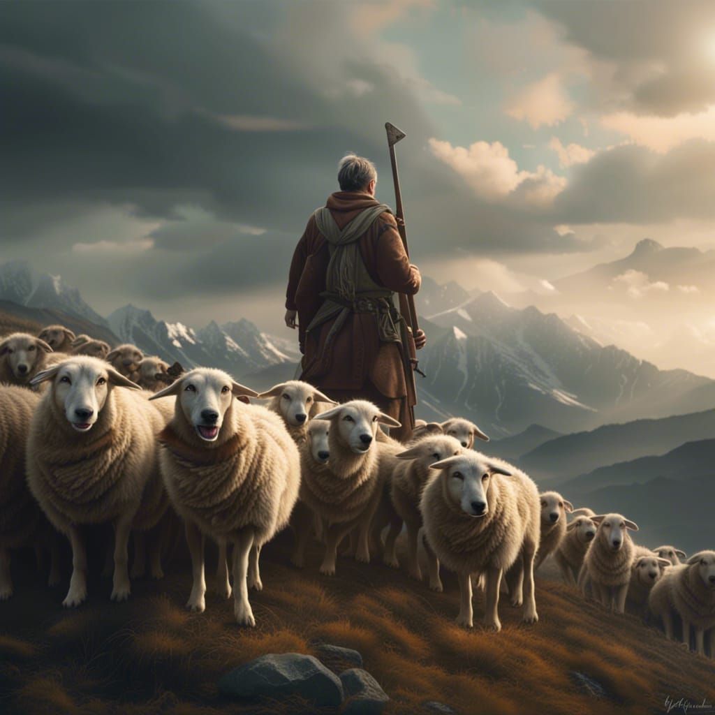 Shepherds Lead Sheep Herd on Mountain