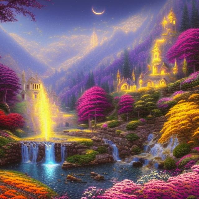 Glowing Golden City in Moonlit Fantasy Landscape