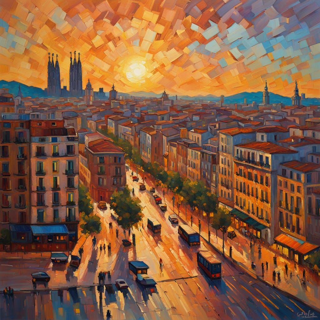 Barcelona City in Expressionist Neo-Impressionism Style