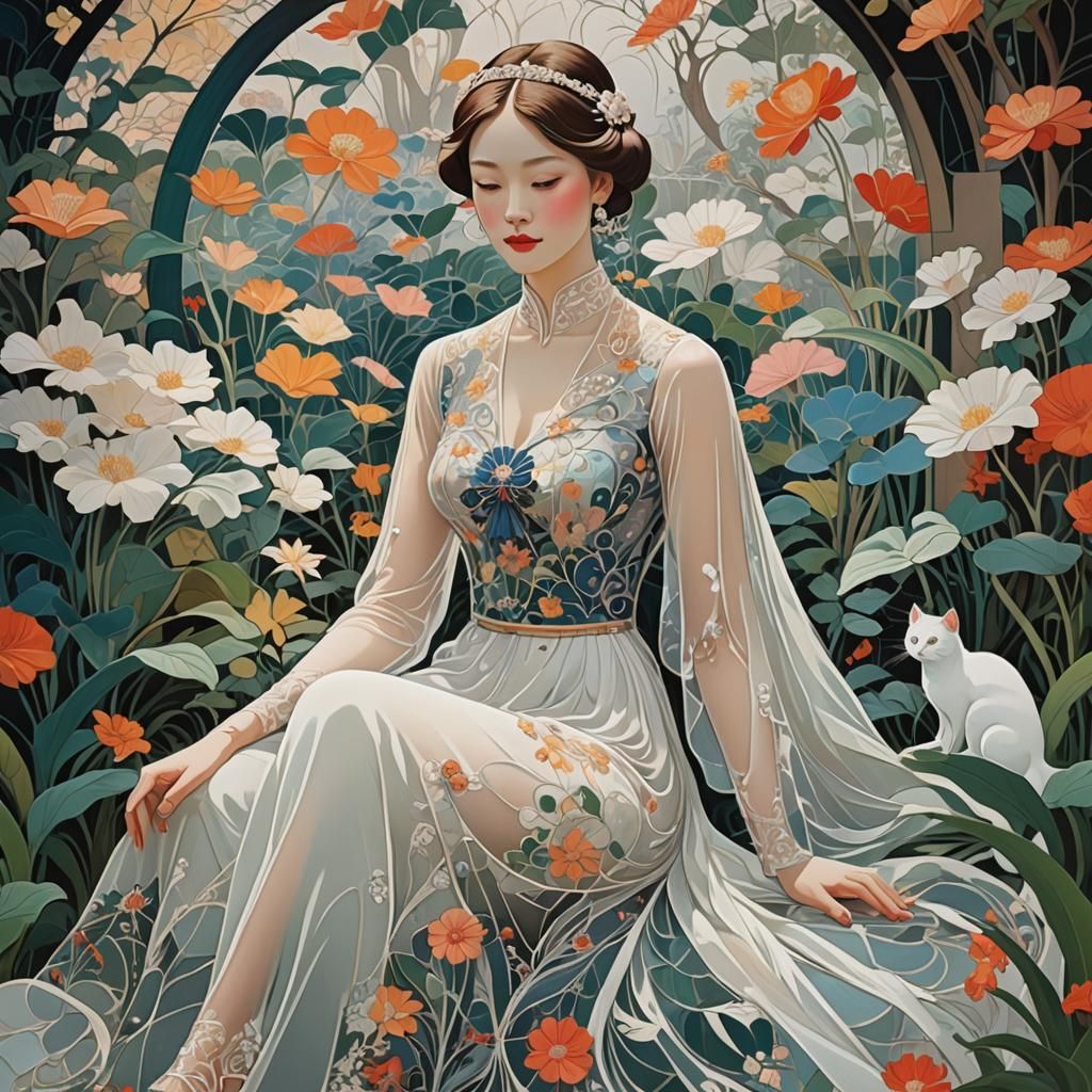 Elegant Lady with Cat in Art Nouveau Style