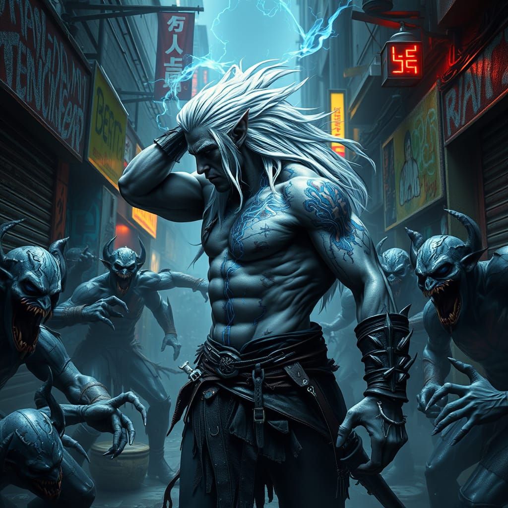 Dark Elf Warrior in Gritty Urban Battle