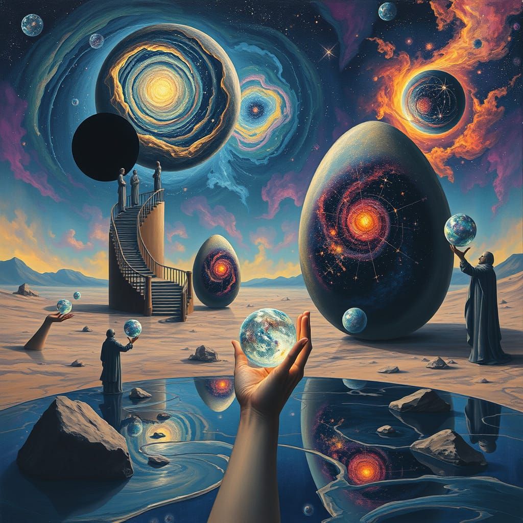 Surreal Cosmic Desert with Staircases and Galaxies