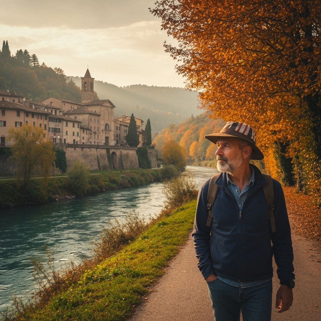 Serene Italian Man in Autumn Landscape