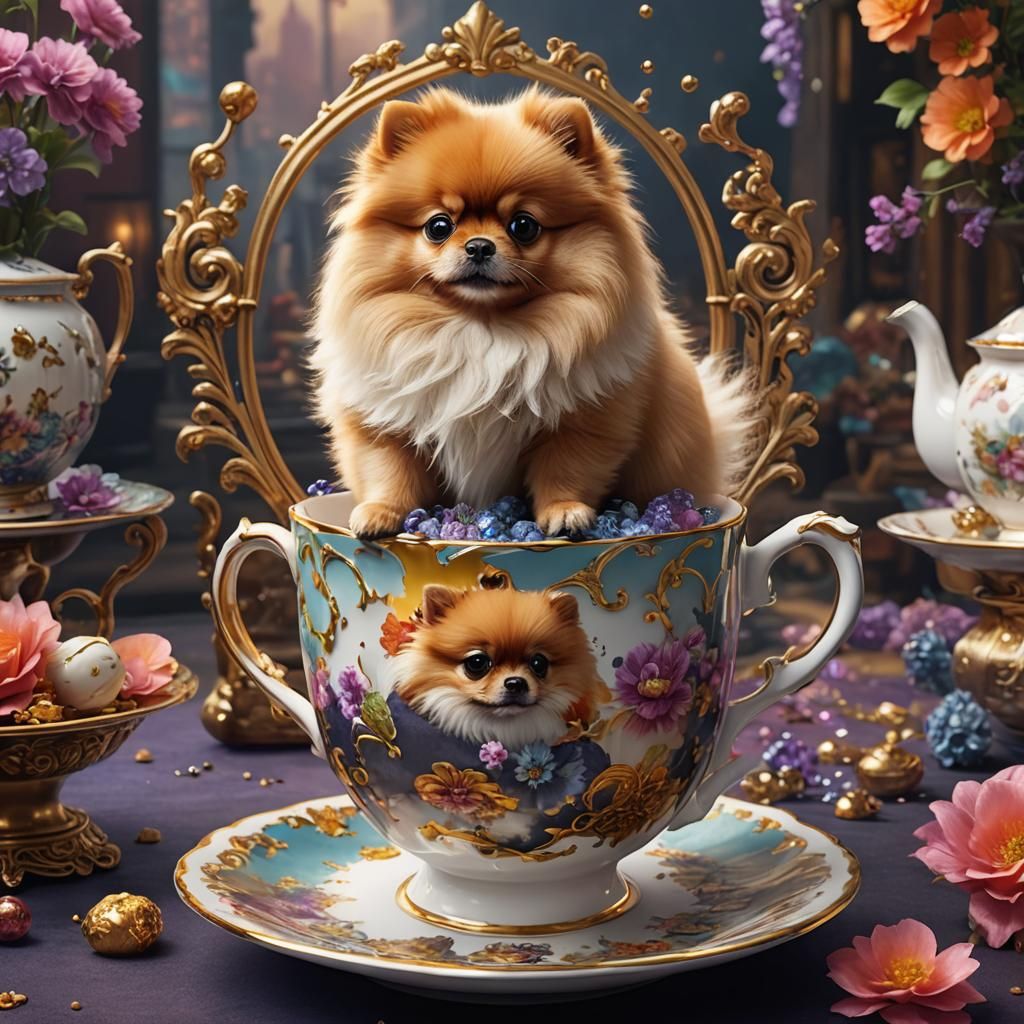 Pomeranian Puppy in Teacup: Fantasy Concept Art