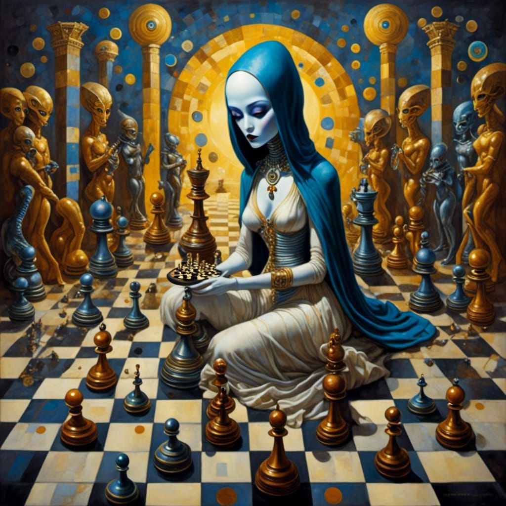 Whimsical Alien Priestess Plays Chess in Surreal Oil Paintin...