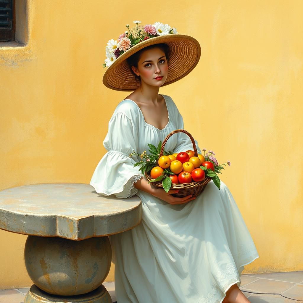 Woman with Fruit and Flowers in Impressionist Style
