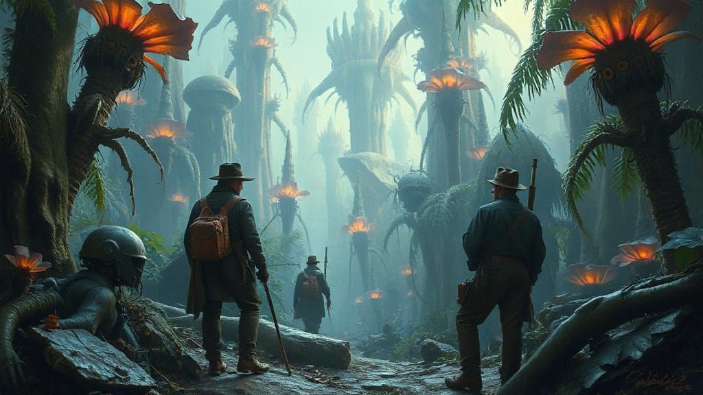 Settlers Explore Alien Jungle in Surrealist Oil Painting
