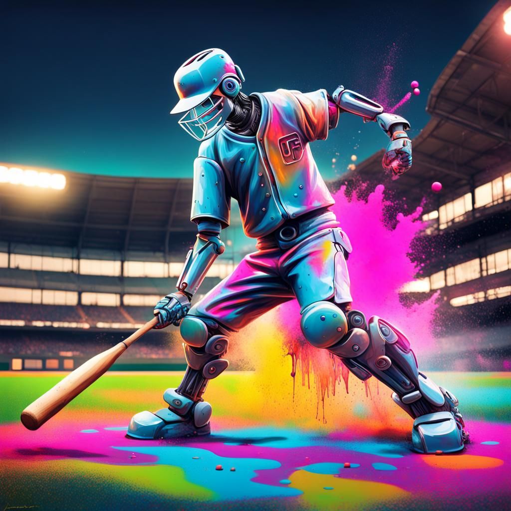 Futuristic Robot Baseball Player in Neon Graffiti Art