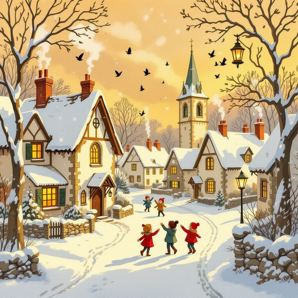 Nostalgic Christmas Village in Retro Illustration Style