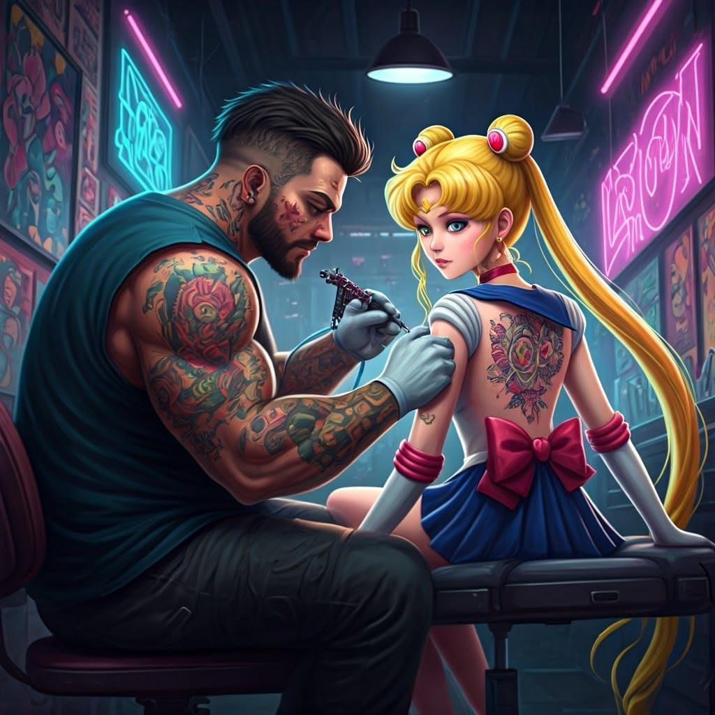 Sailor Moon" (Usagi Tsukino)  busy getting a tattoo