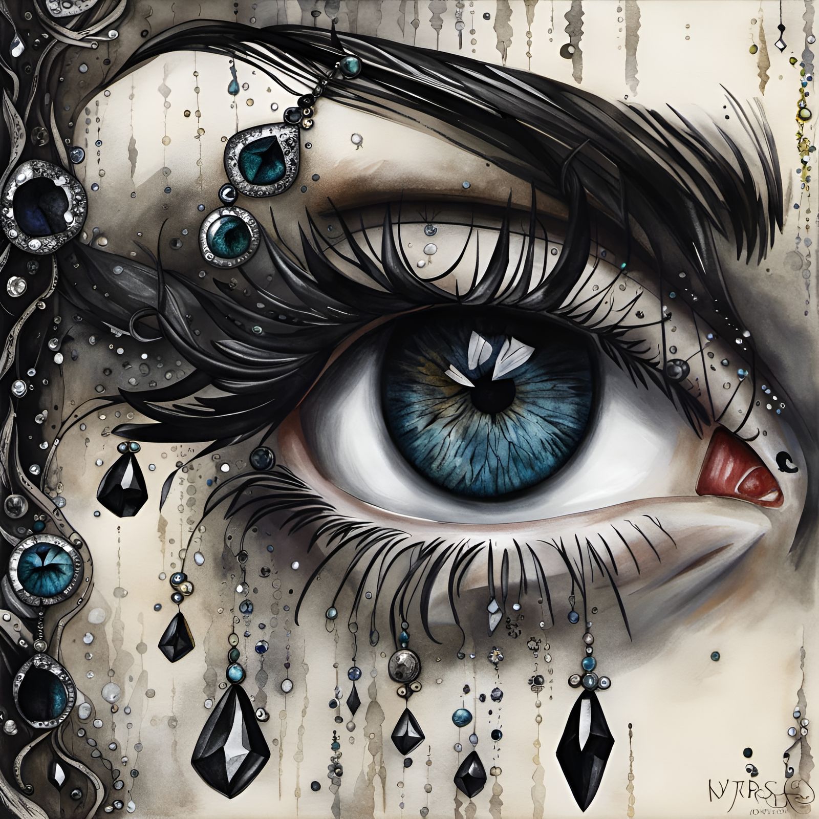 Mystical Witch with Onyx Eyes: Detailed Gemstone Painting