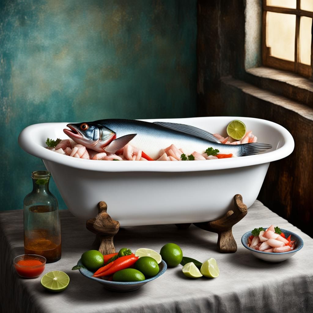 Traditional Peruvian Ceviche Pescado in Clawfoot Tub