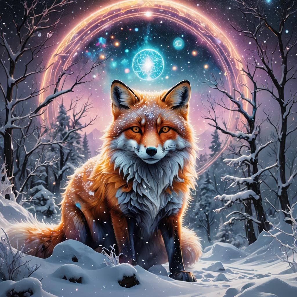 Holographic Snow Fox Astral Cosmic Illustration