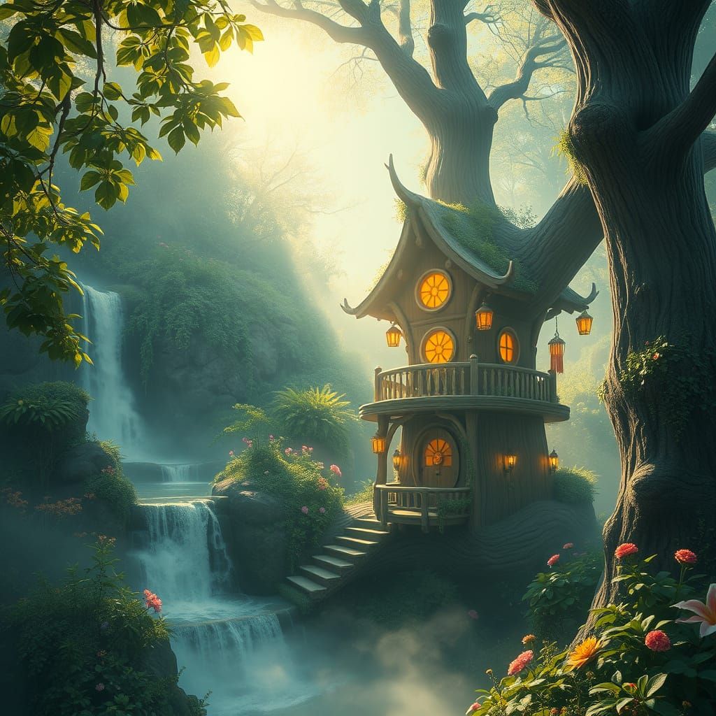 Dreamy Treehouse Beside Waterfall with Neon Accents