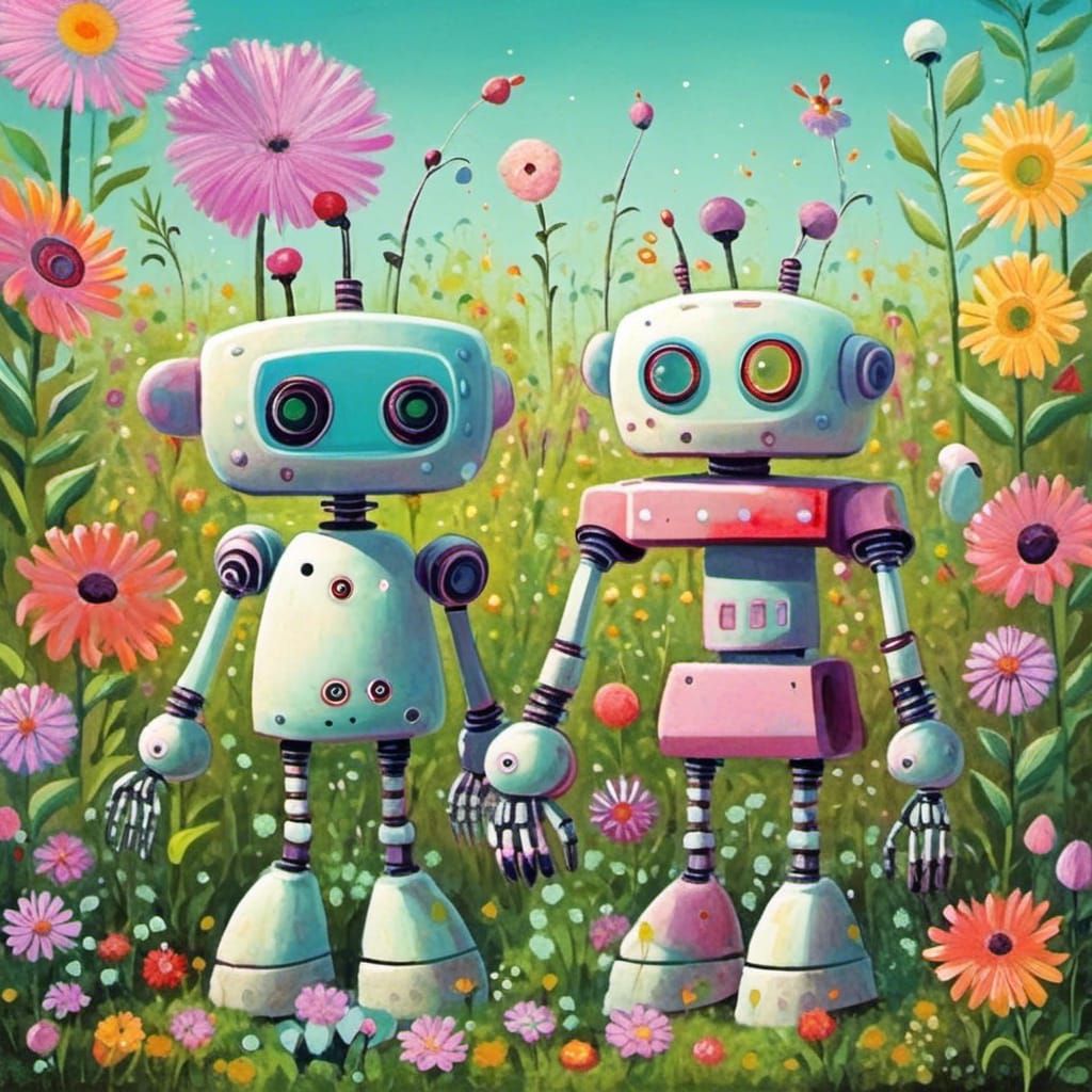 Cute Robots Explore Whimsical Flower Garden