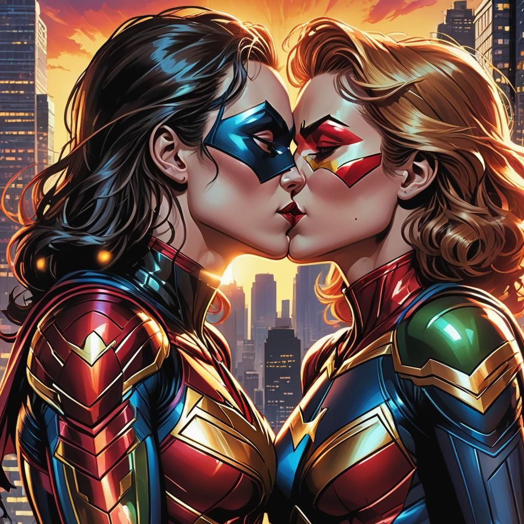Superhero Kiss in Comic Book Style