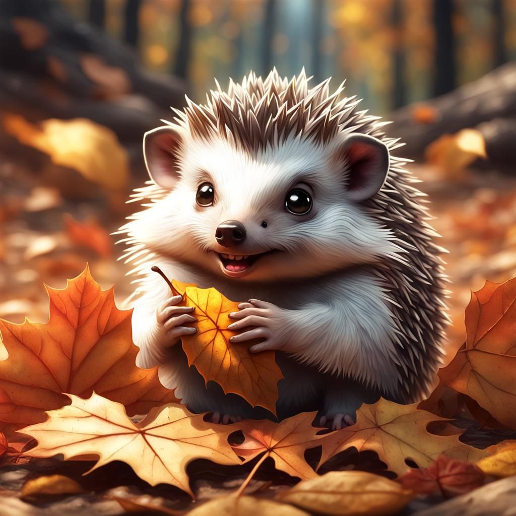Kawaii Hedgehog Munching Leaf in Watercolor Style