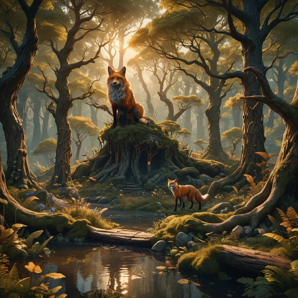Fox in Golden Hour Forest: Fantasy Matte Painting