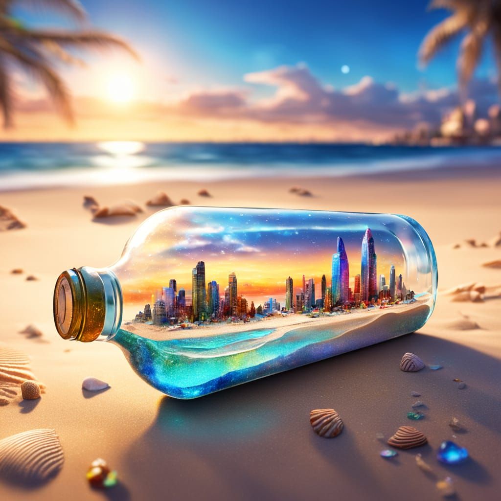 Miniature City Inside Bottle on Beach, Cosmic Illustration