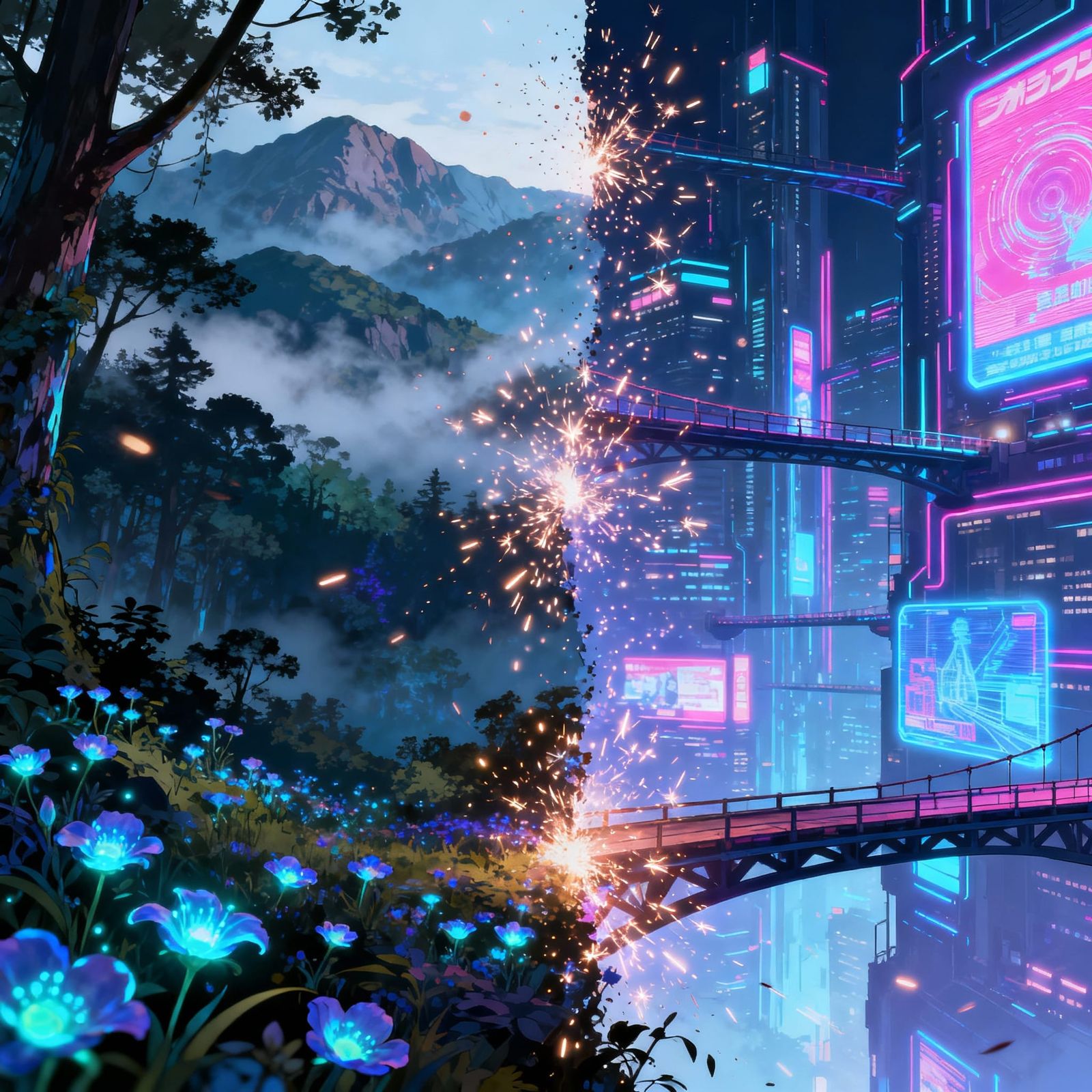 Fantasy Forest Meets Neon City Anime Scene