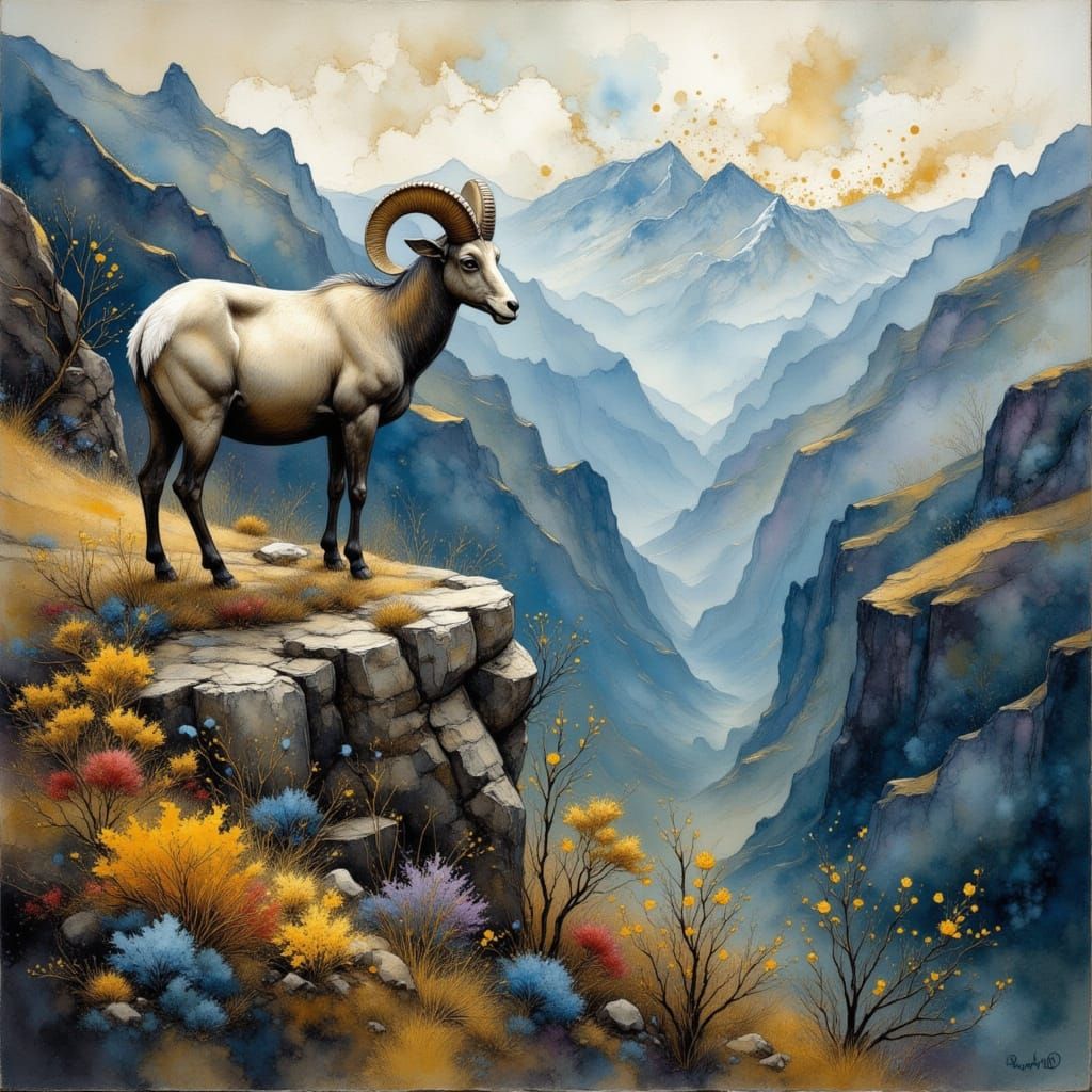 Big Horn Sheep on Cliff Overlooking Valley