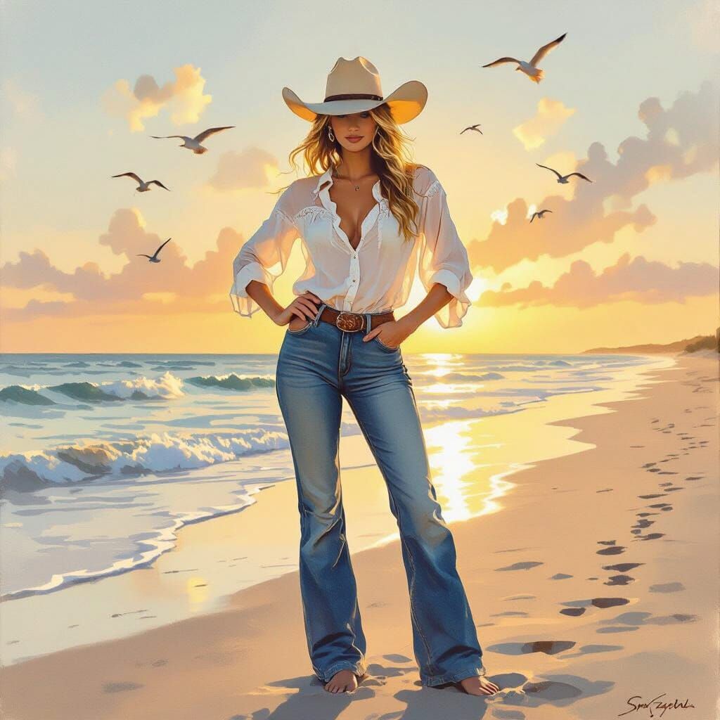 Cowgirl on Beach in Watercolor Style