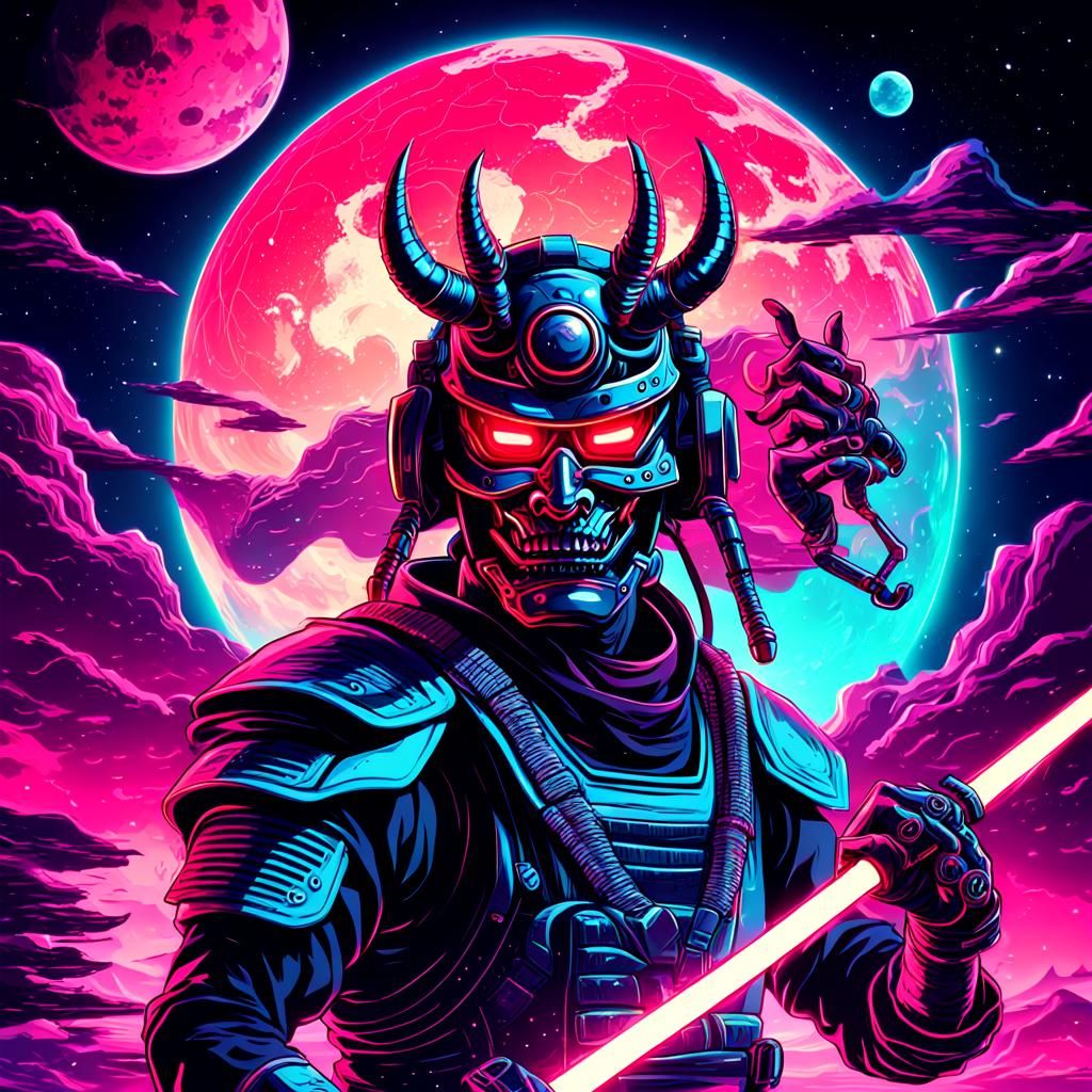 Neon Synthwave Cyborg Samurai in Space