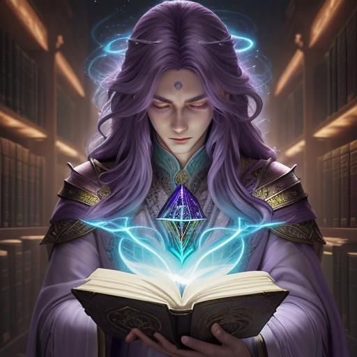 Wizard in Mystical Library, Cel-Shaded Anime Style