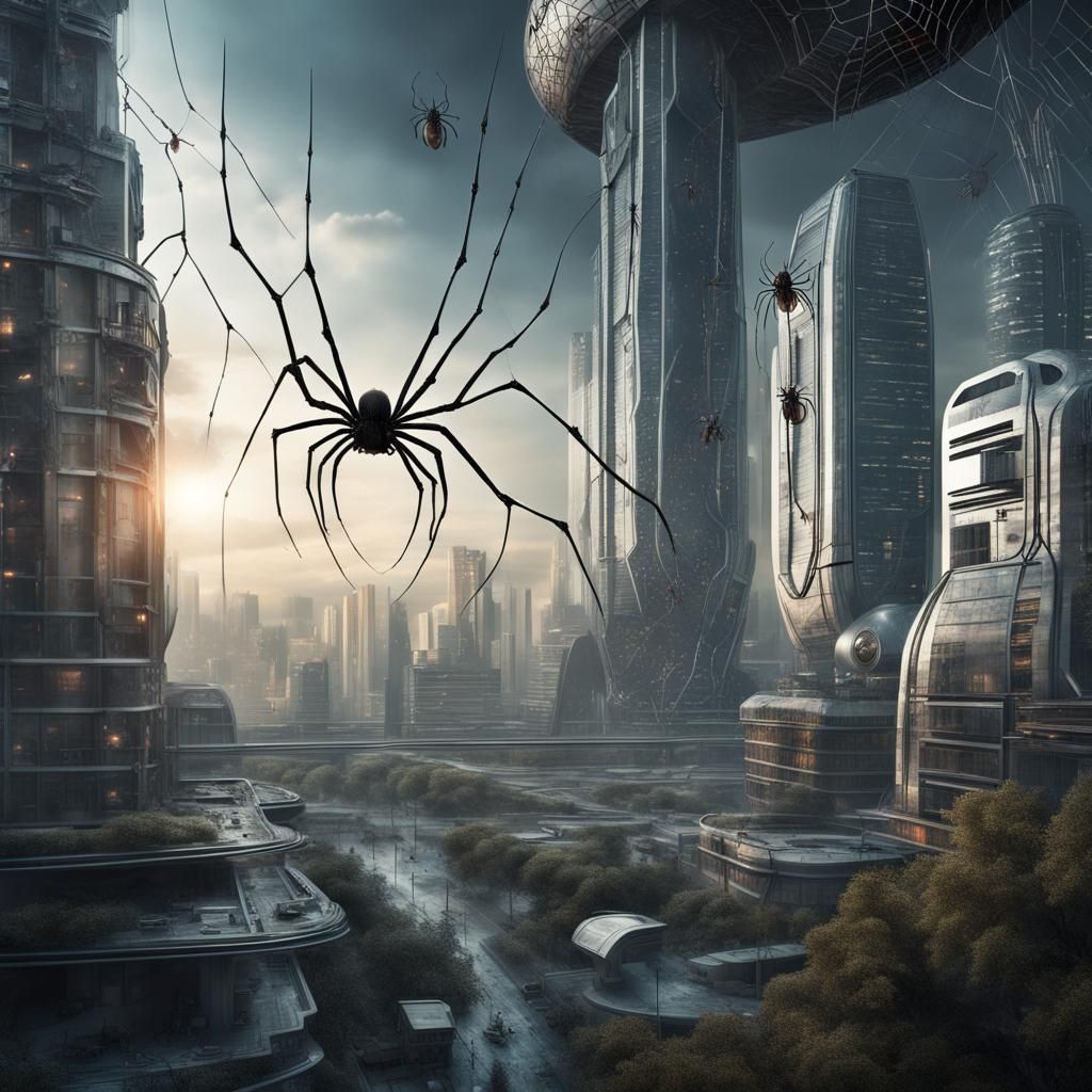 Hyperrealistic Futuristic Spider City Landscape