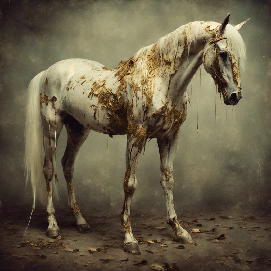 Macabre Gold Horse Figure with White Tail