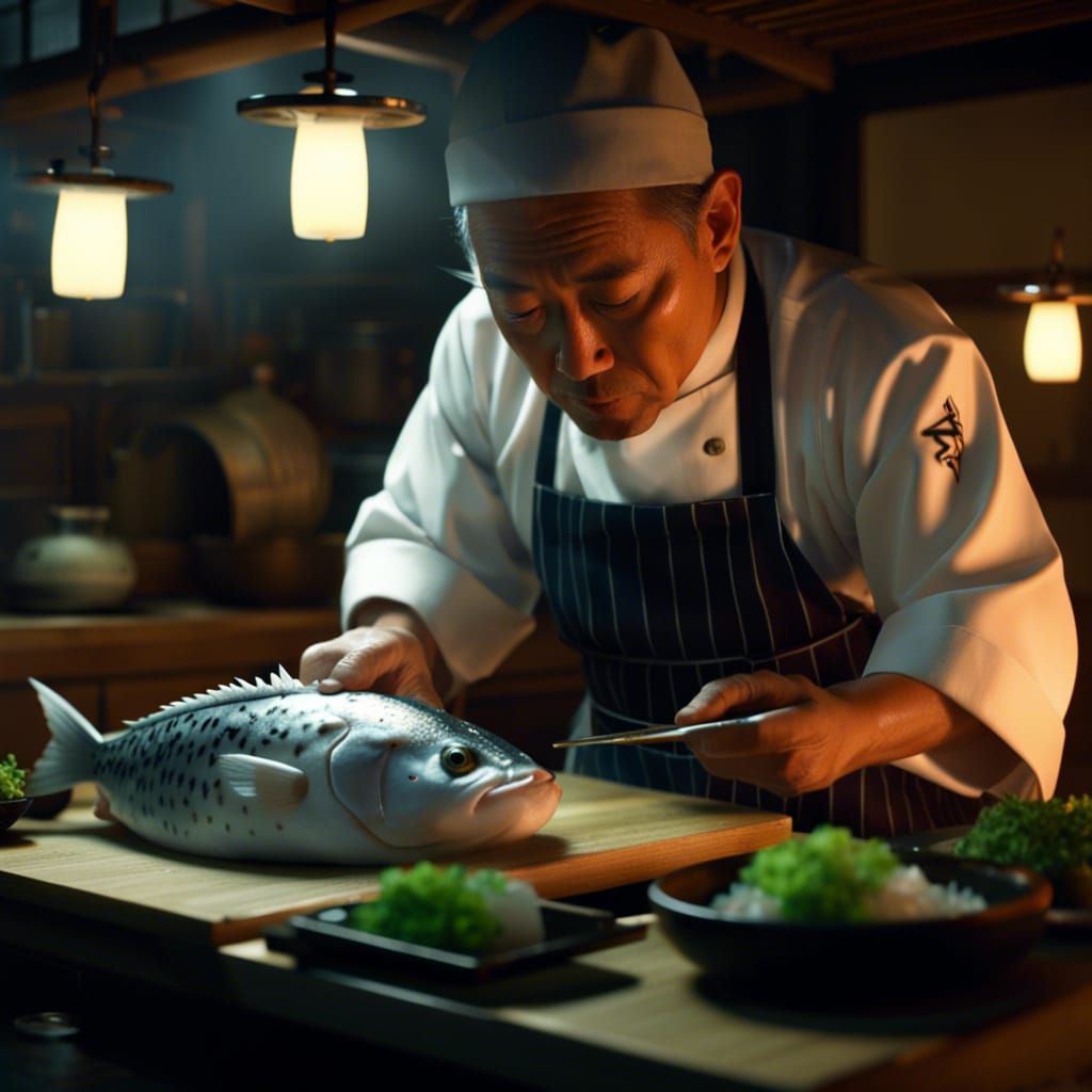 The Master Chef prepares the traditional Japanese poisonous fugu fish.