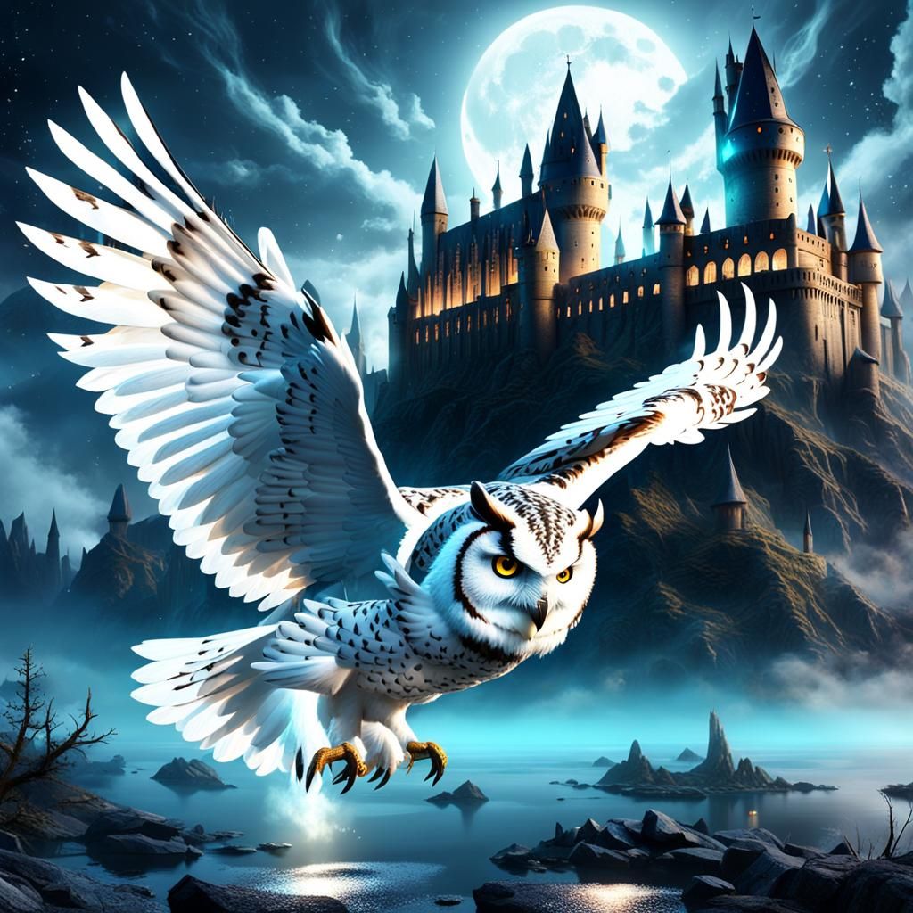 Mystic White Owl Flight Over Hogwarts
