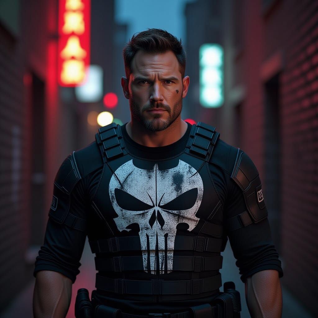 Chris Pratt as The Punisher in Gritty Alleyway Portrait