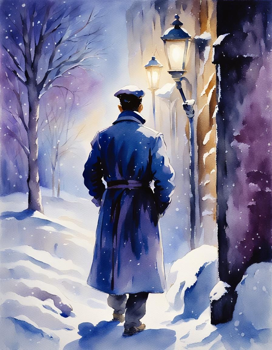 Mysterious Man in Snowy Alley: Watercolor Impression