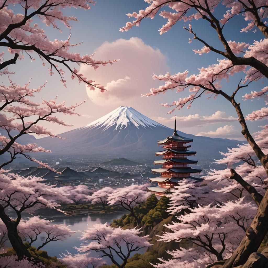 Mount Fuji Cherry Blossoms Impasto Painting