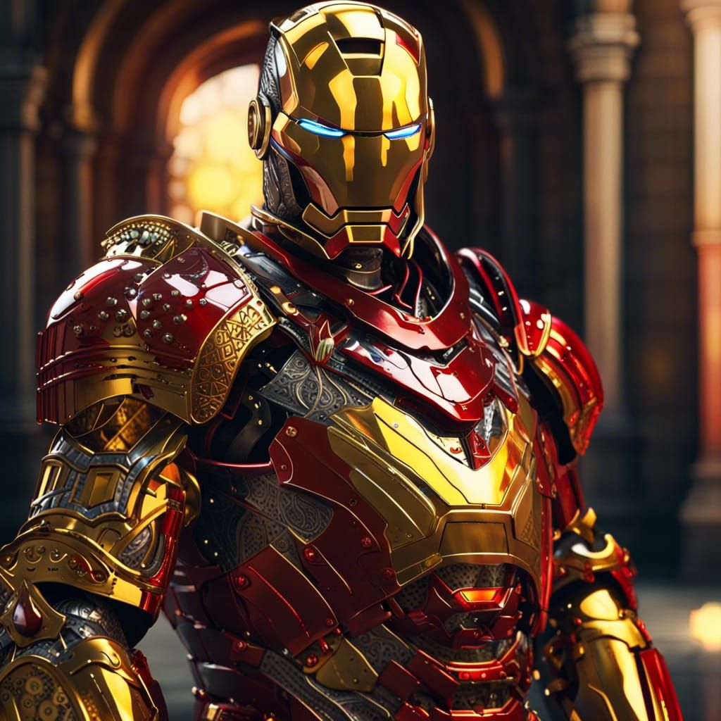 Iron Knight: Cyberpunk Fusion in Gold Armor