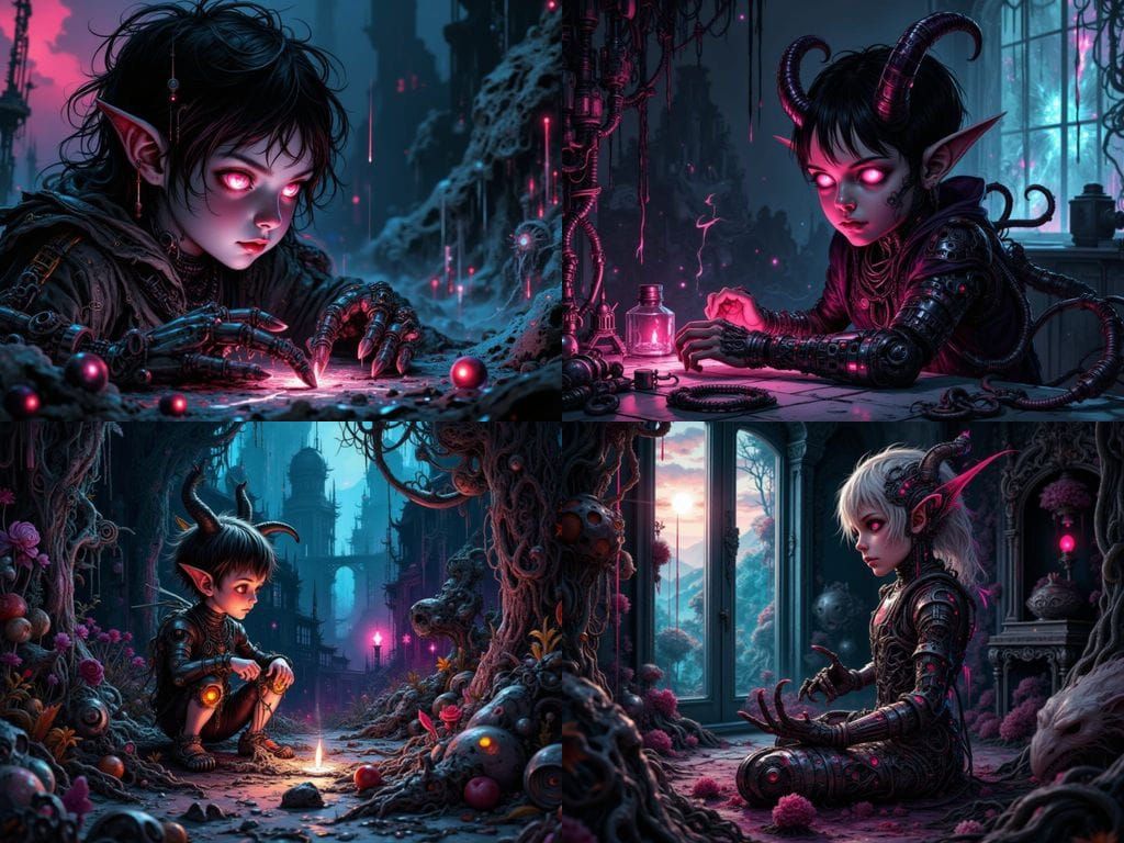 Elven Child in Dark Room with Cybernetic Parts