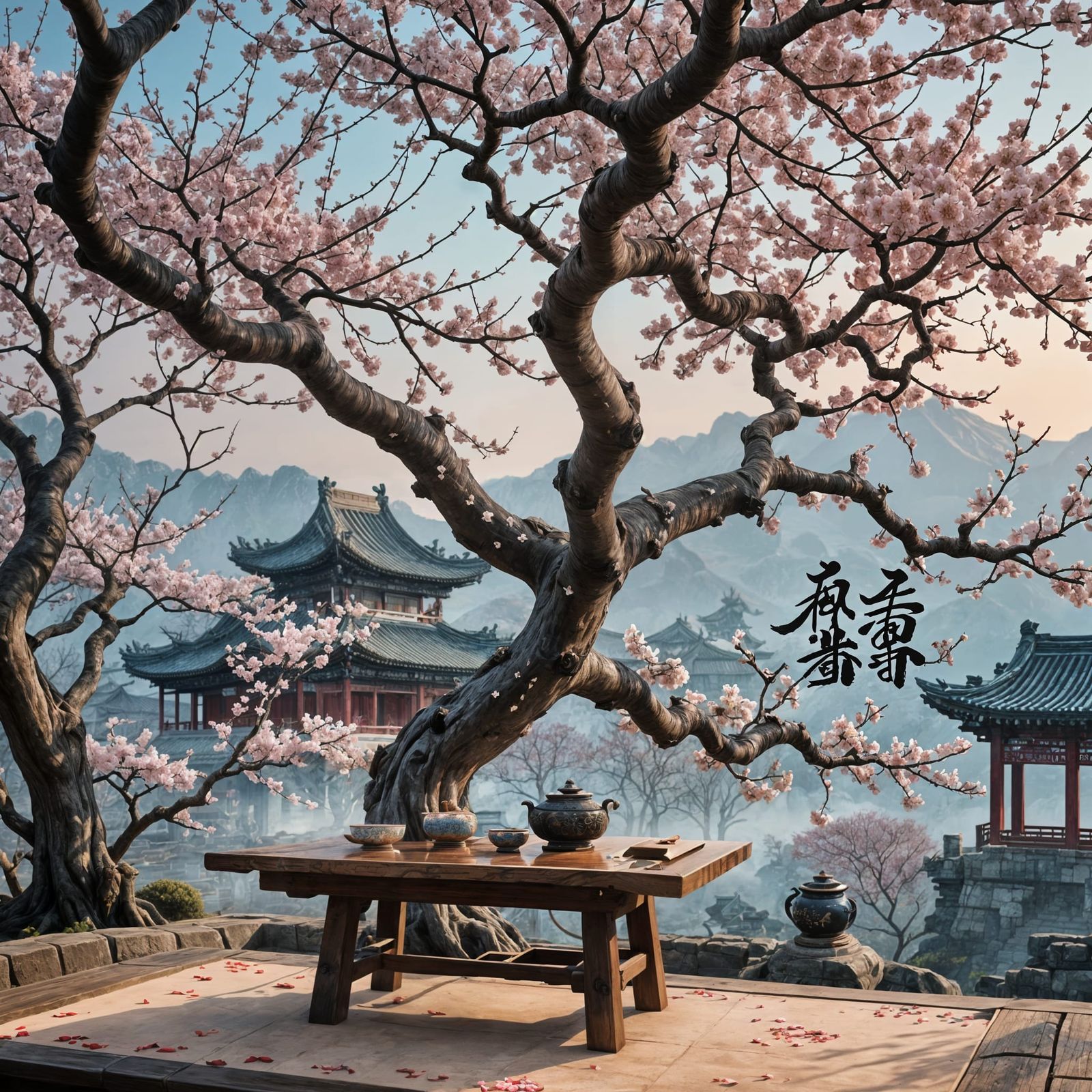 Cherry Blossom Tree in Chinese Calligraphy Style