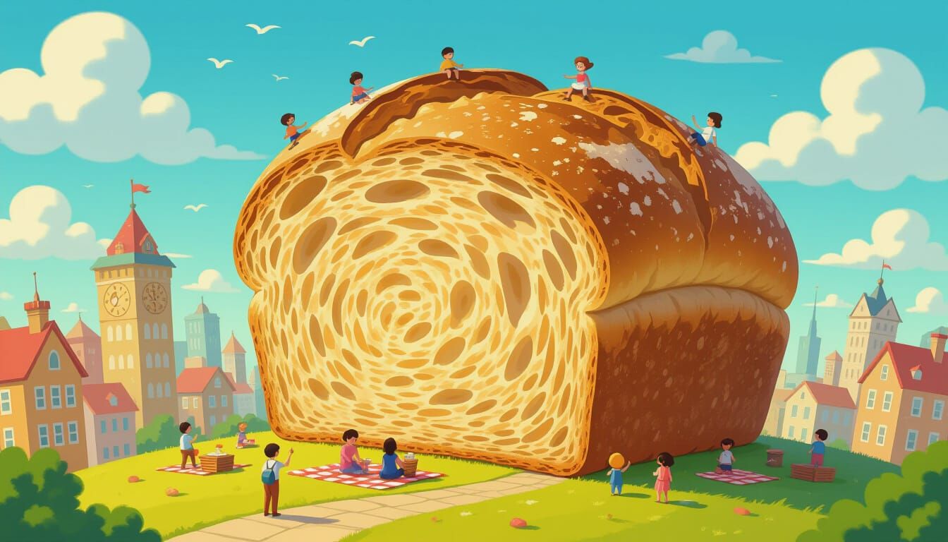 Giant Bread Loaf City Picnic in Whimsical Cartoon Style