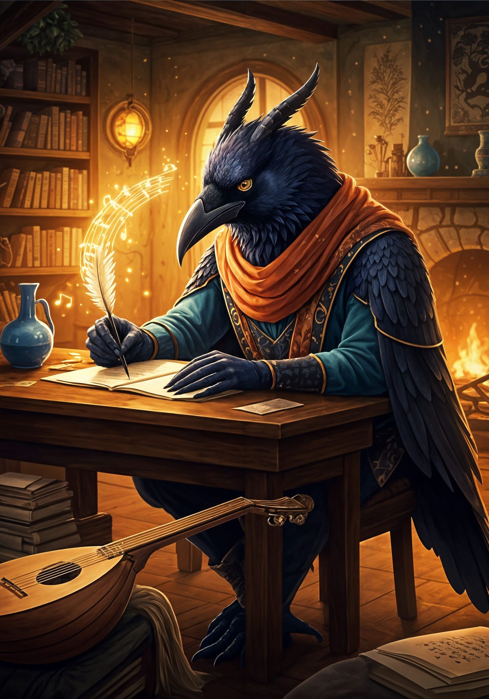 Anime-Style Ravenfolk Bard in Whimsical Fantasy Setting