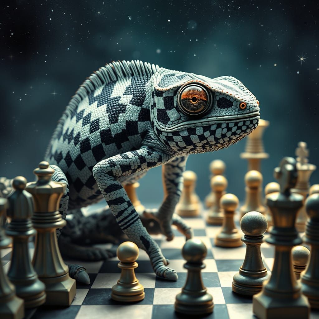 Chameleon Chessboard Camouflage in Mystical Realism